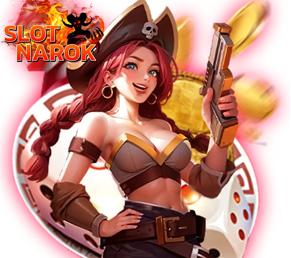 สล็อต SLOTNAROK ตัวละครสาวโจรสลัดถือปืน ฉากเหรียญทองและลูกเต๋า โทนสีสดแนวโปรโมทเกมสล็อต