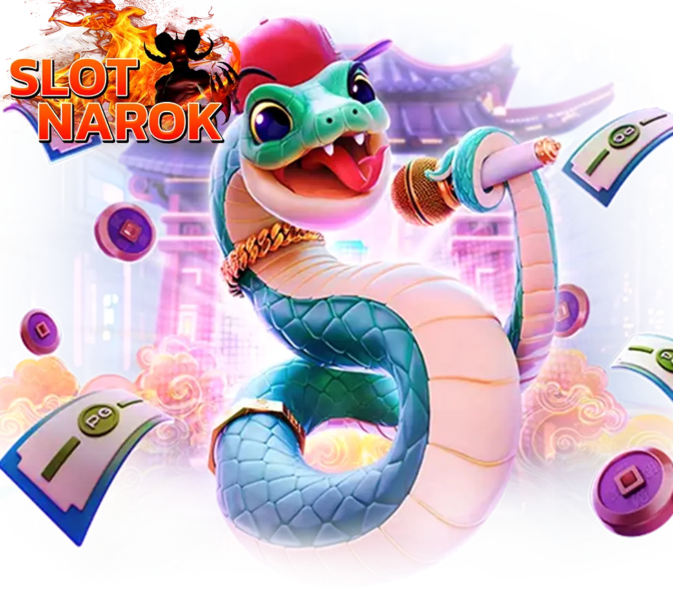 สล็อต SLOTNAROK งูการ์ตูนนักร้องถือไมค์ ฉากเมืองจีนแฟนตาซี โทนสดใสแนวโปรโมทเกมสล็อต