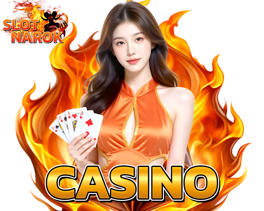 คาสิโน SLOTNAROK นางแบบถือไพ่บนฉากไฟ โทนทองส้ม สไตล์โปรโมทเว็บพนัน