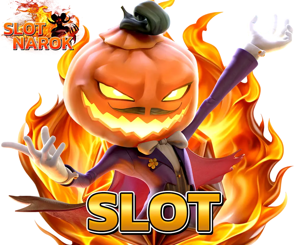 สล็อต SLOTNAROK ตัวละครหัวฟักทองบนฉากไฟ โทนส้มทองสไตล์โปรโมทเกมสล็อต