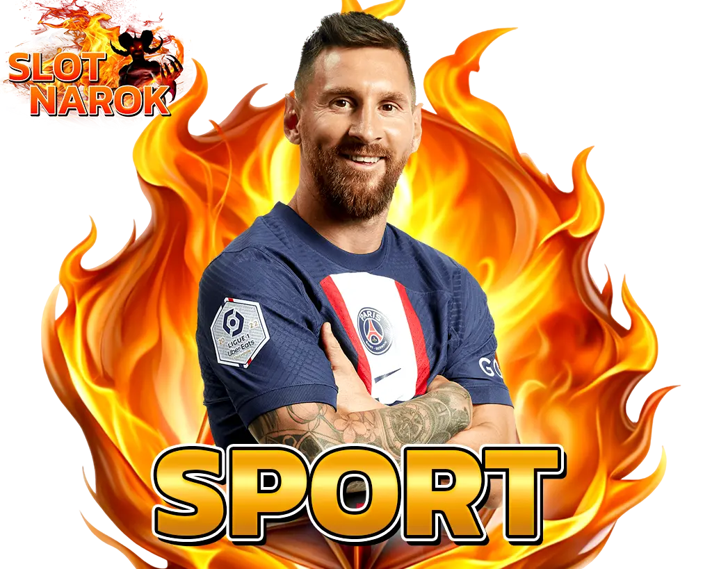 กีฬา SPORT SLOTNAROK นักฟุตบอลชายสวมชุดแข่งยืนโพสบนฉากไฟ โทนทองส้มแนวโปรโมทเว็บกีฬา