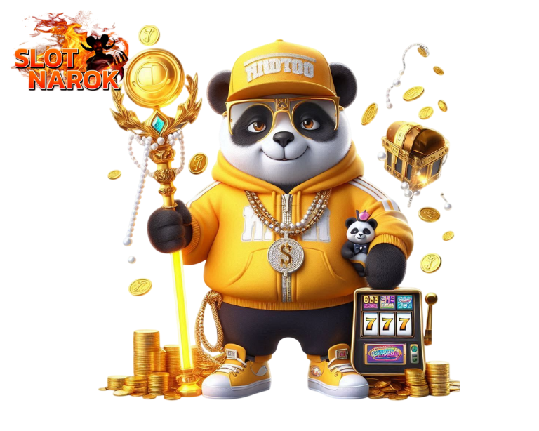 การ์ตูนแพนด้าสวมชุดทองถือคทา ยืนข้างตู้สล็อต พร้อมเหรียญทองและสัญลักษณ์โชคลาภ